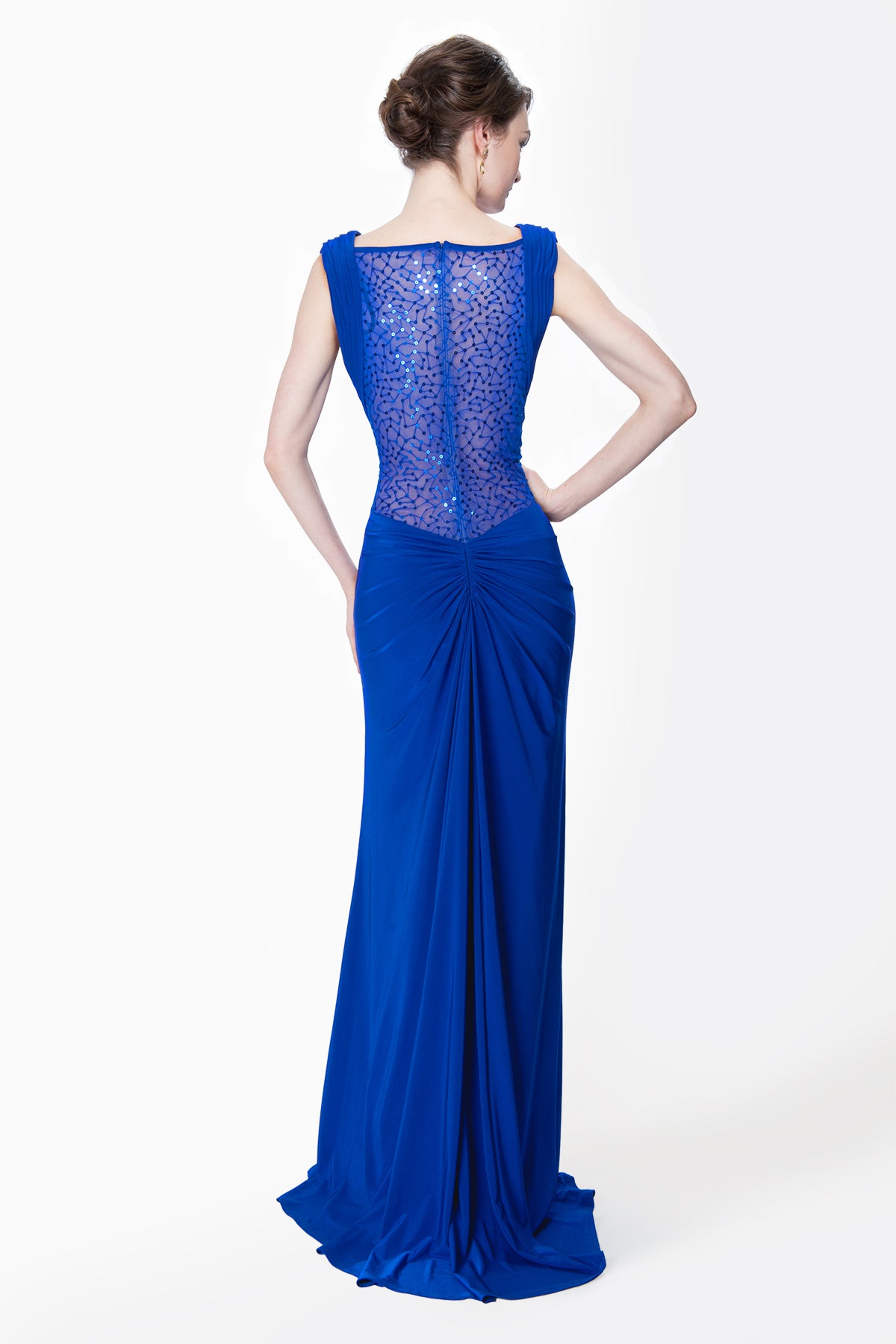 Draped Jersey and Sequin Gown with Sequin Back in Neptune
