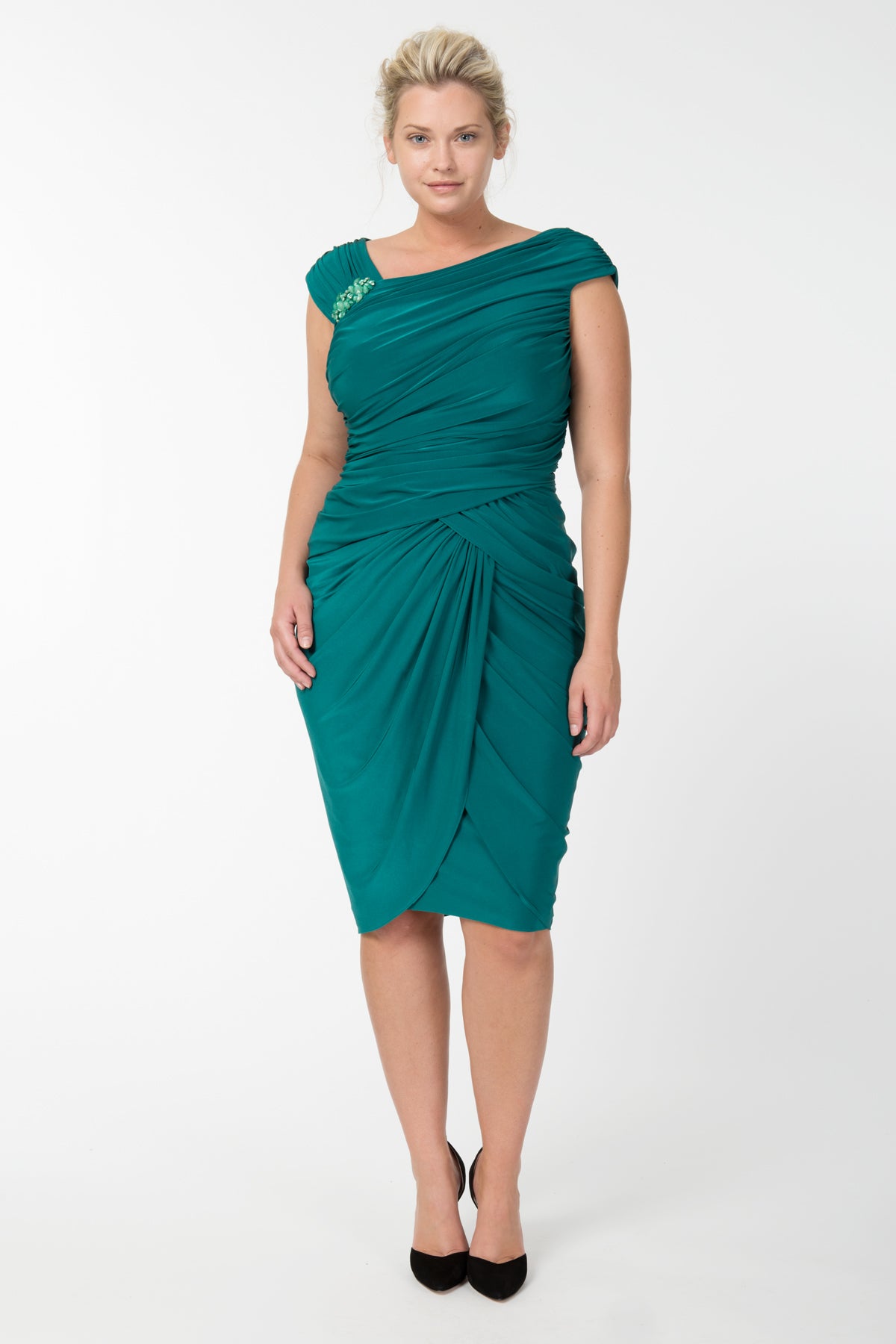 Draped Jersey Cocktail Dress in Emerald