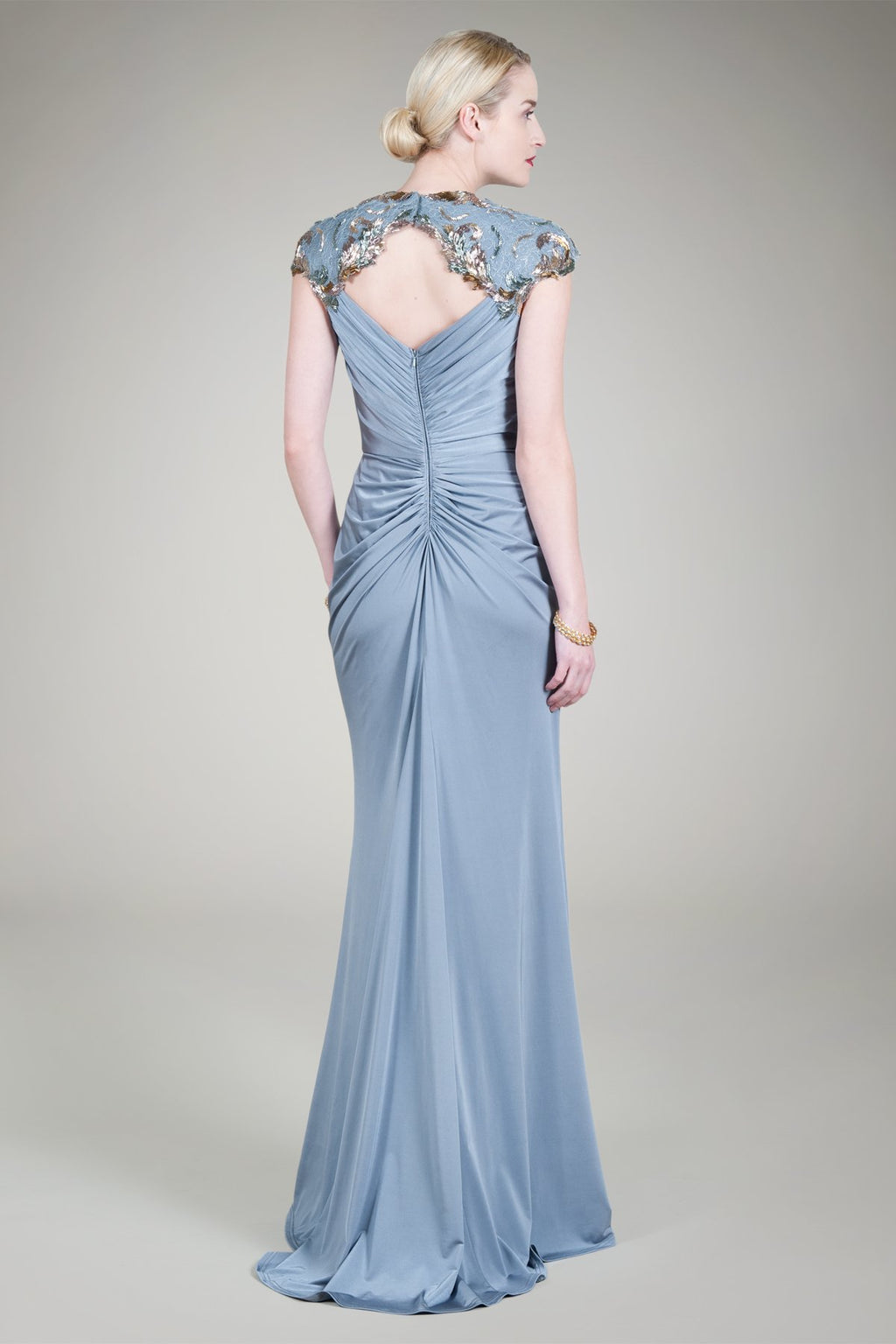 Beaded Lace Shoulder Draped Gown in Petal Grey