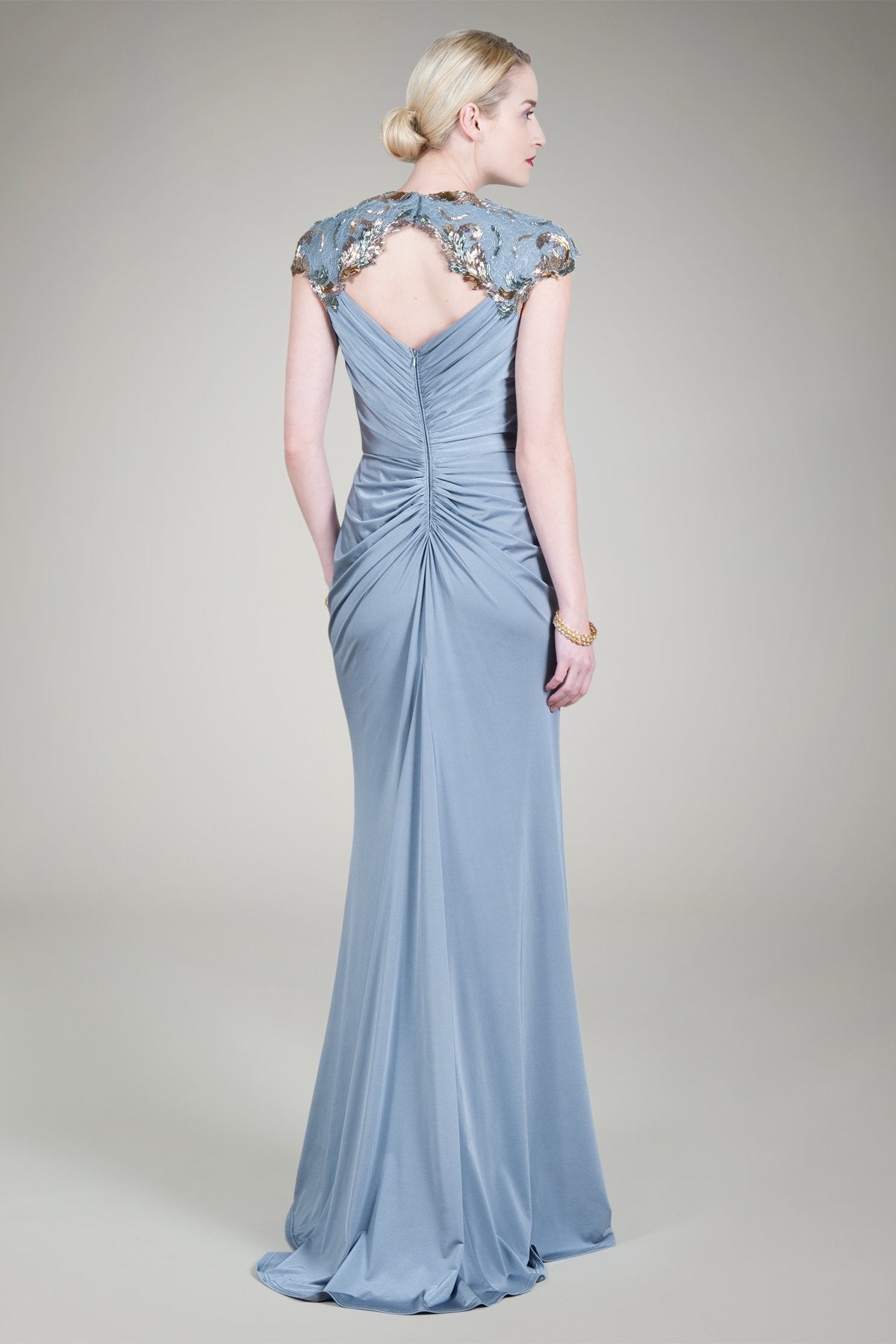 Beaded Lace Shoulder Draped Gown in Petal Grey