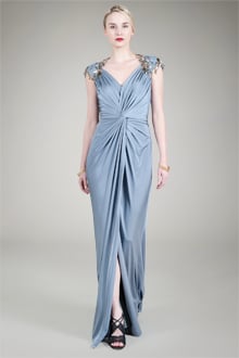 Beaded Lace Shoulder Draped Gown in Petal Grey