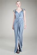 Beaded Lace Shoulder Draped Gown in Petal Grey