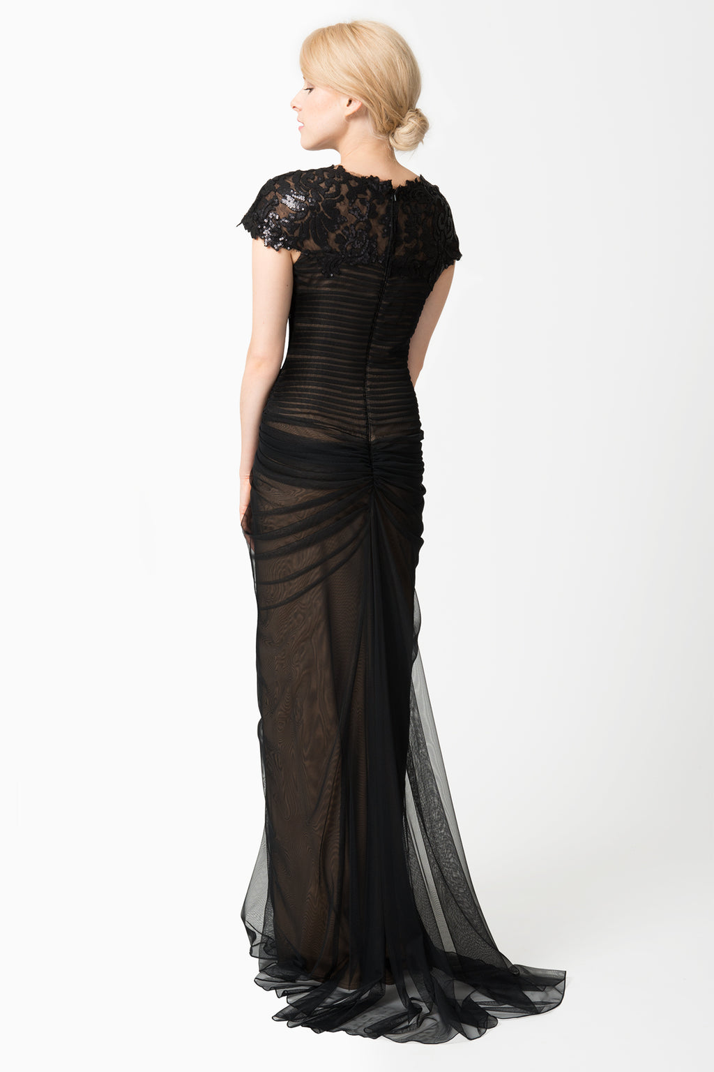 Paillette Lace and Tulle Gown in Black / Nude