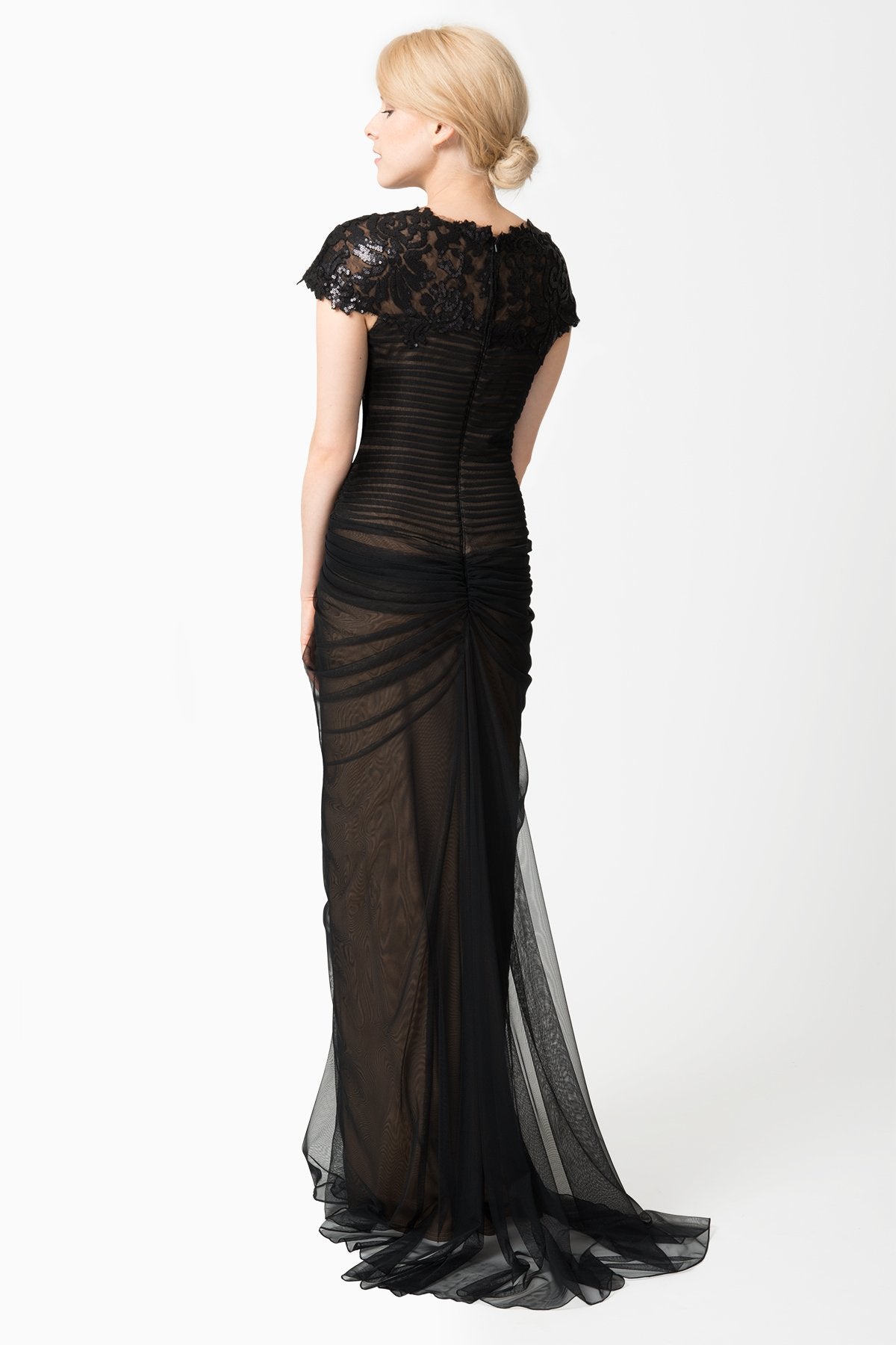 Paillette Lace and Tulle Gown in Black / Nude