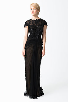 Paillette Lace and Tulle Gown in Black / Nude