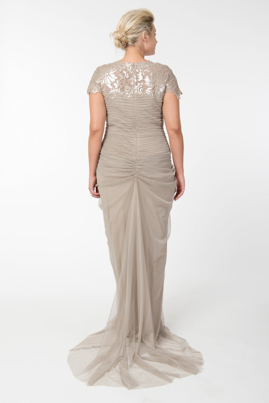 Tulle Draped Cap Sleeve Gown with Paillette Detail in Sand