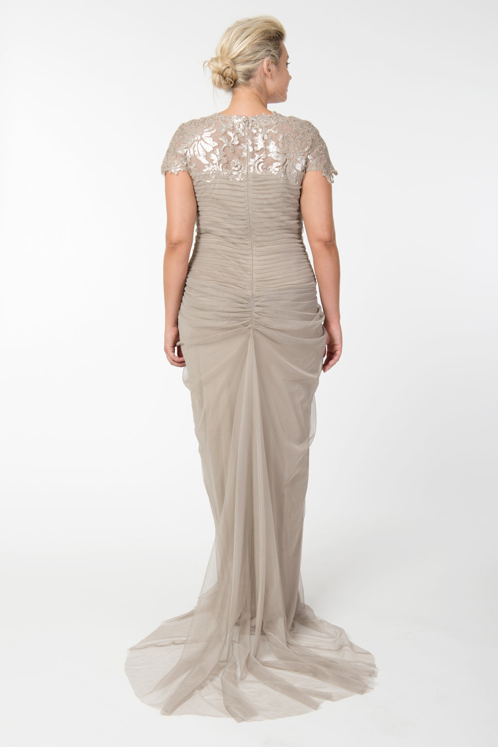 Tulle Draped Cap Sleeve Gown with Paillette Detail in Sand