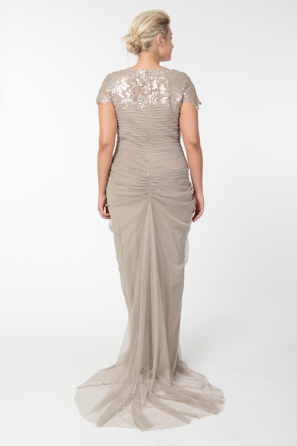 Tulle Draped Cap Sleeve Gown with Paillette Detail in Sand