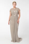 Tulle Draped Cap Sleeve Gown with Paillette Detail in Sand