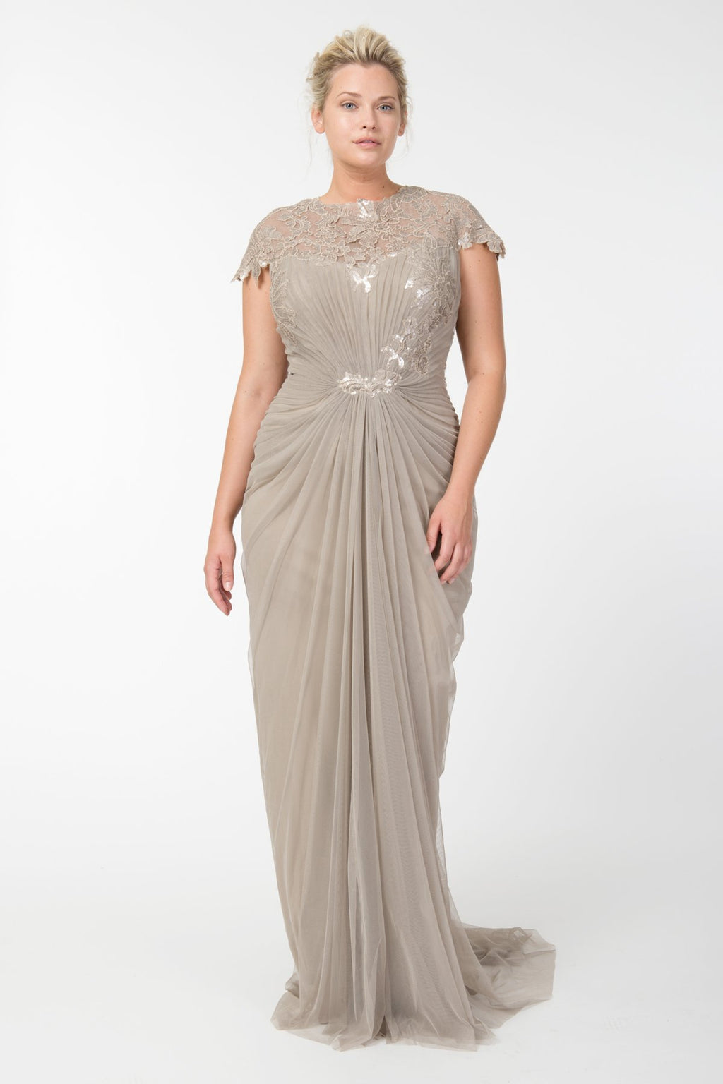 Tulle Draped Cap Sleeve Gown with Paillette Detail in Sand