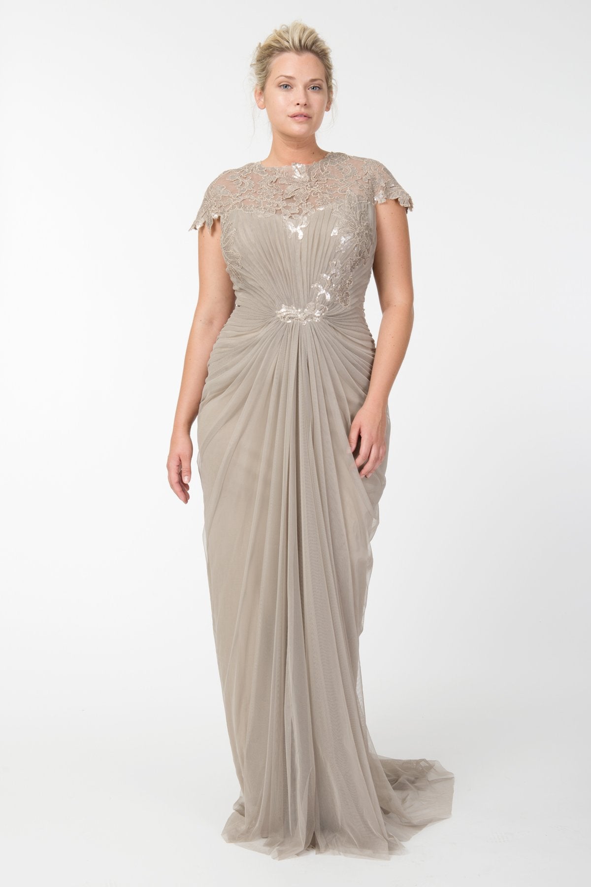 Tulle Draped Cap Sleeve Gown with Paillette Detail in Sand