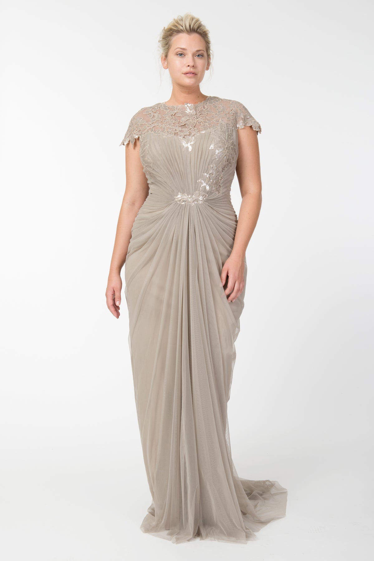 Tulle Draped Cap Sleeve Gown with Paillette Detail in Sand
