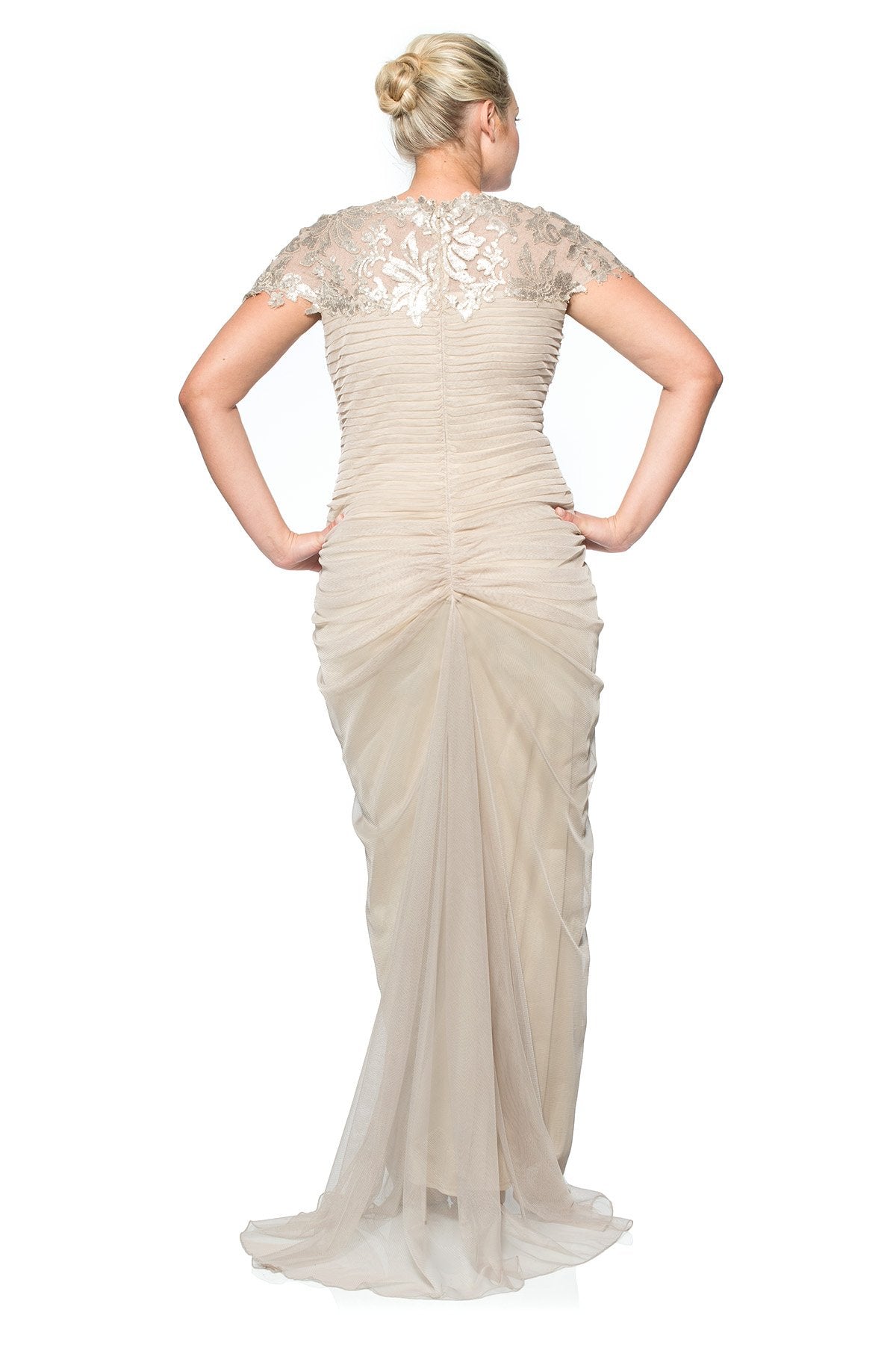 Tulle Draped Cap Sleeve Gown with Paillette Detail in Sand