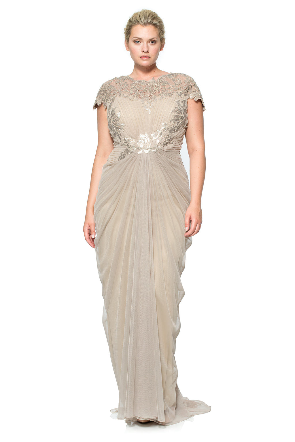 Tulle Draped Cap Sleeve Gown with Paillette Detail in Sand