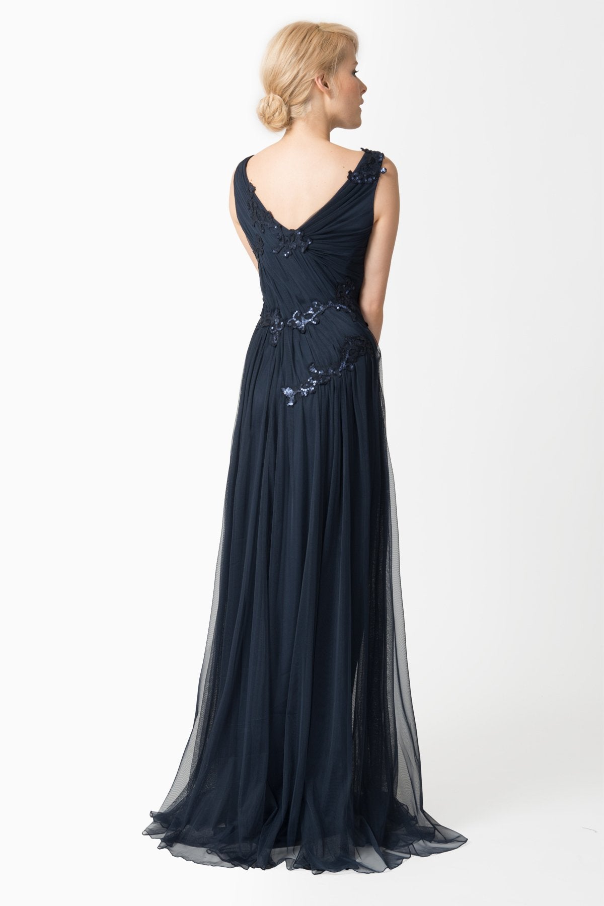 Ruched Tulle V-Neck Gown in Navy