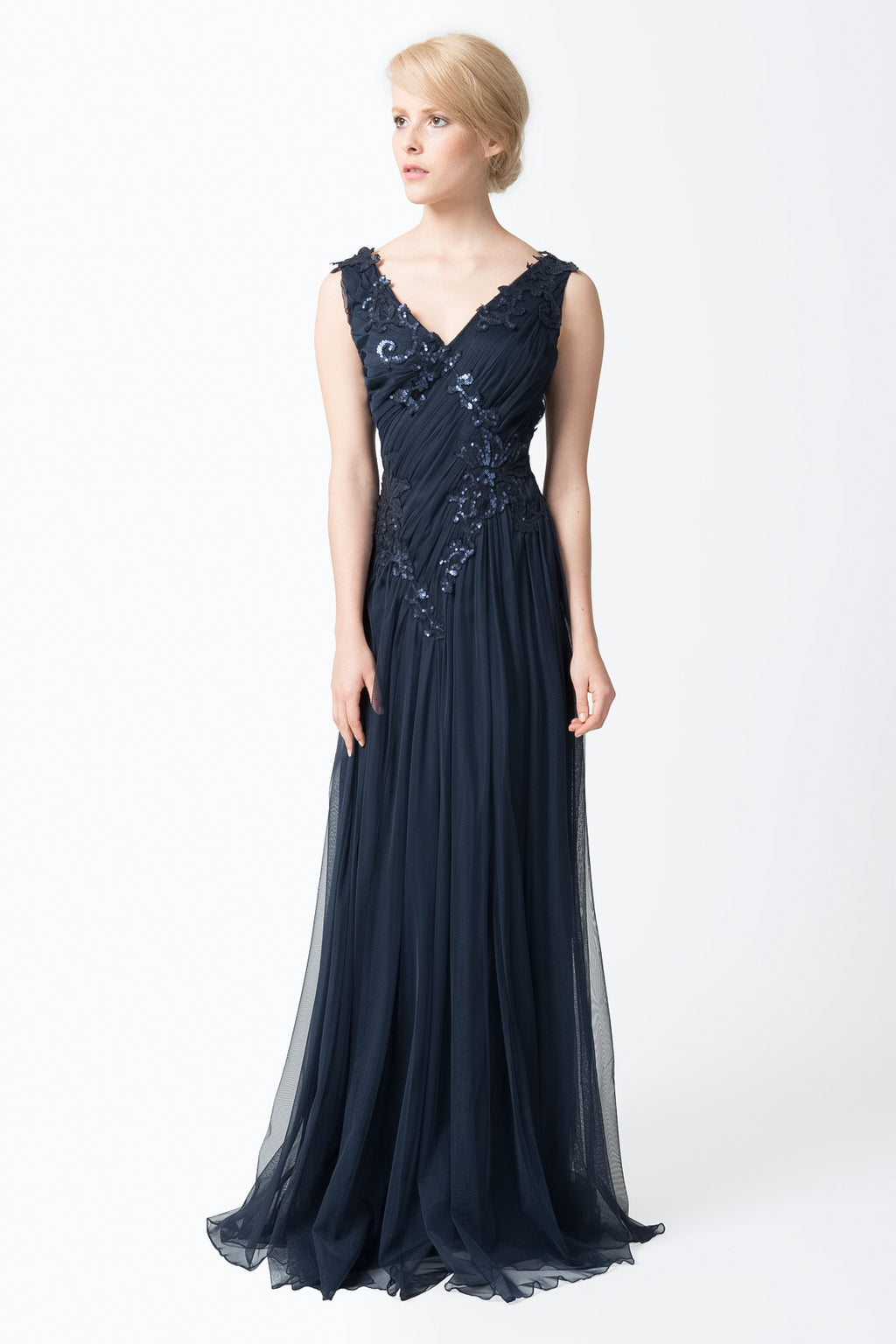 Ruched Tulle V-Neck Gown in Navy