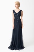 Ruched Tulle V-Neck Gown in Navy
