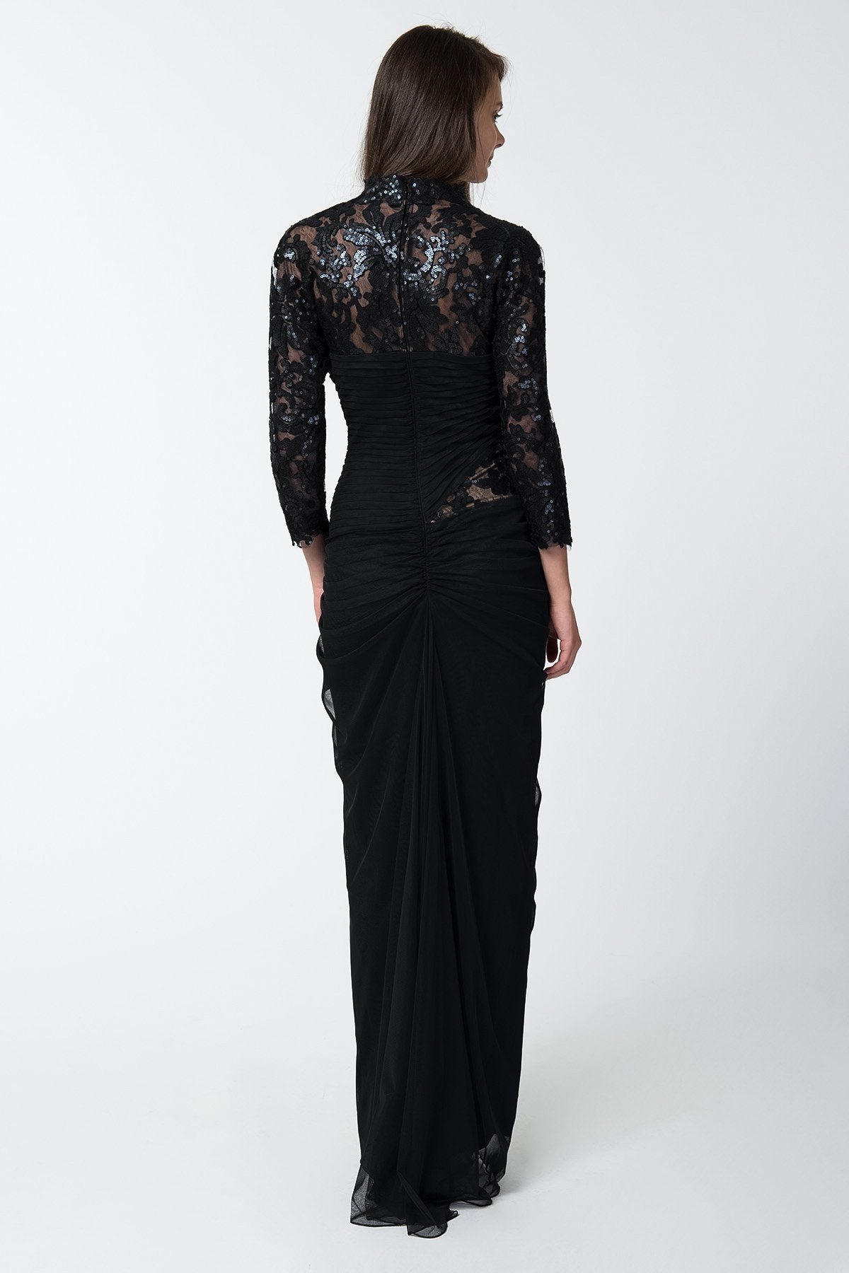 Draped Tulle ¾ Sleeve Gown in Black