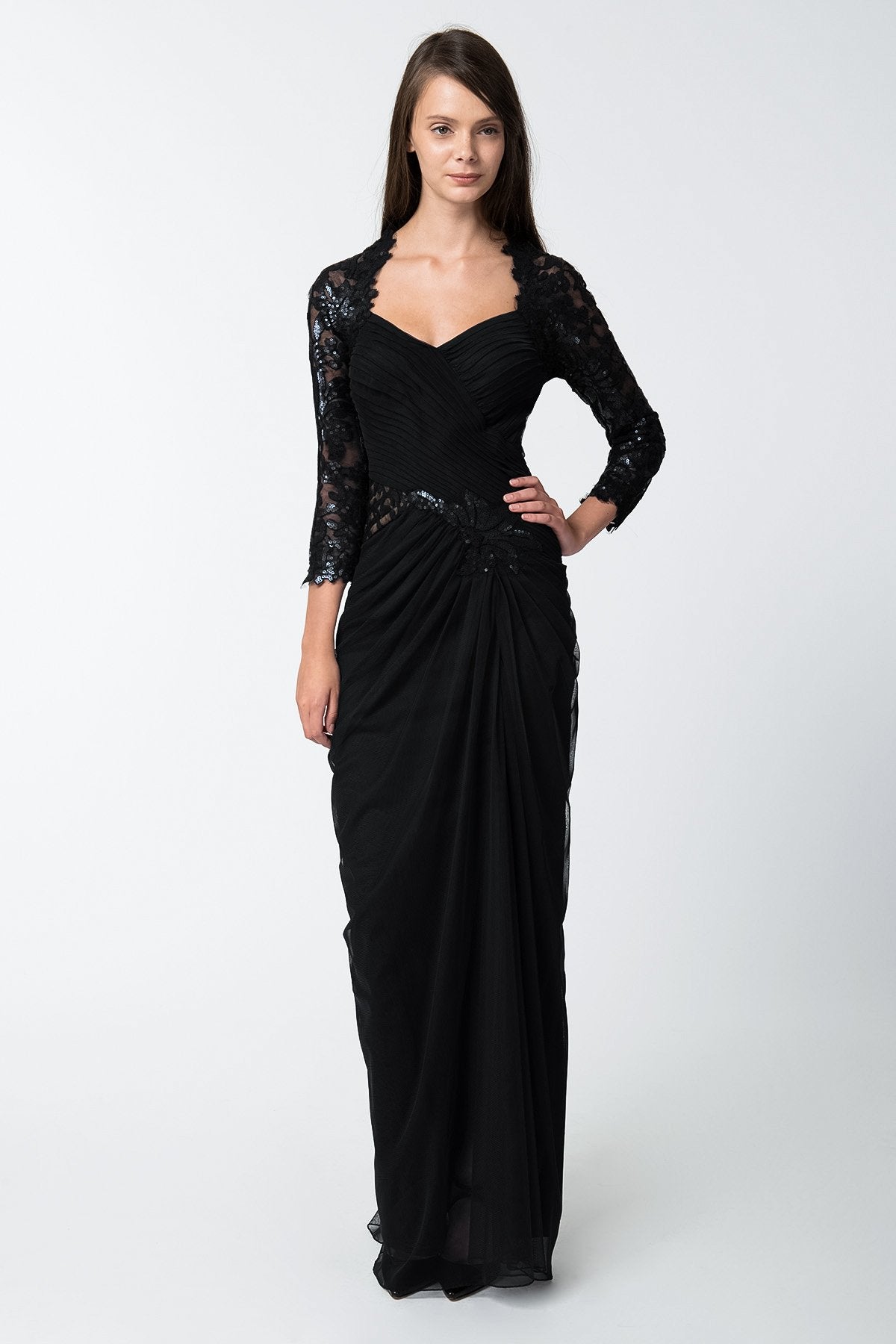 Draped Tulle ¾ Sleeve Gown in Black