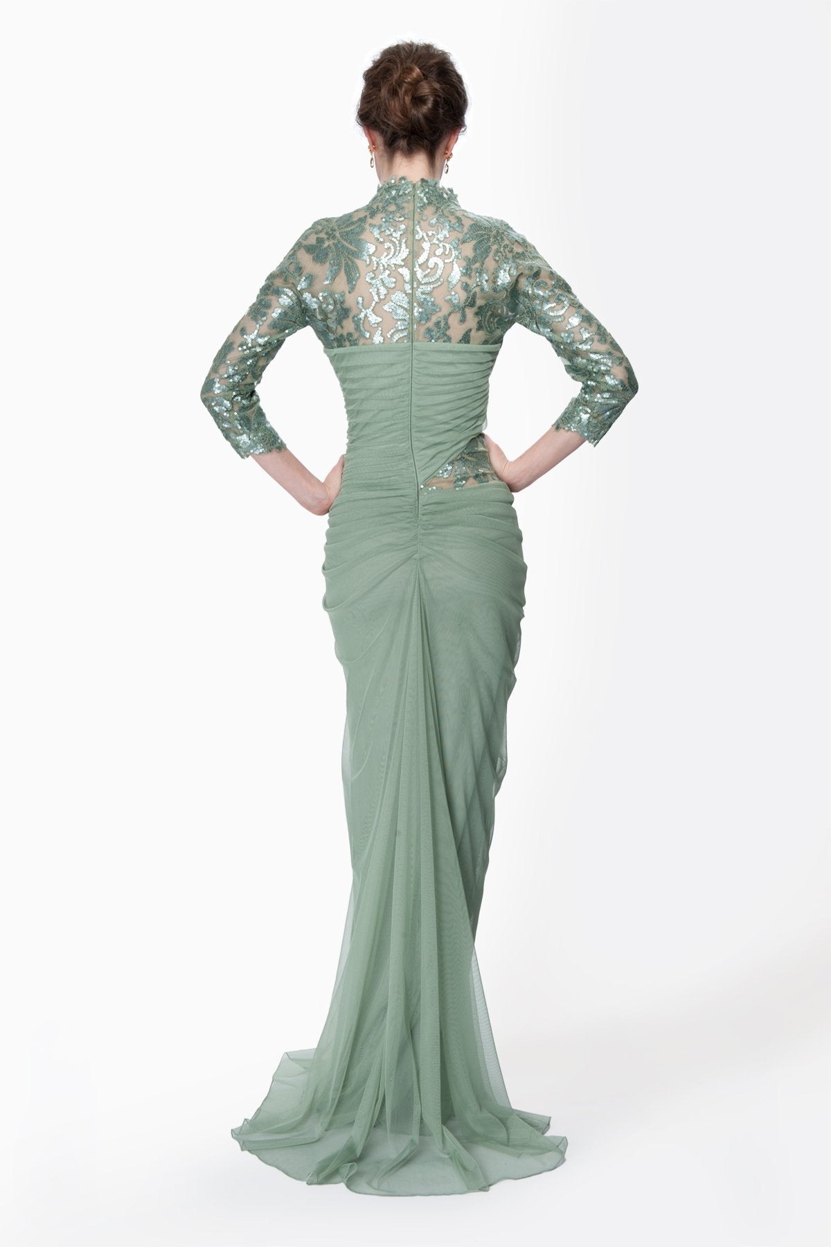 Draped Tulle ¾ Sleeve Gown in Celadon