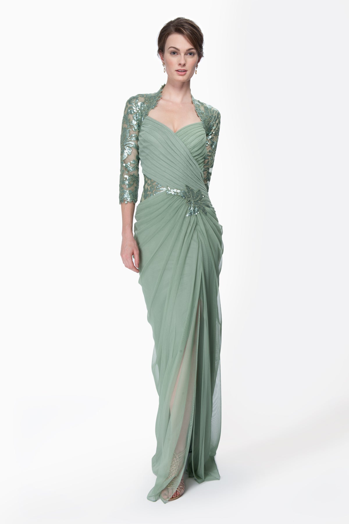 Draped Tulle ¾ Sleeve Gown in Celadon