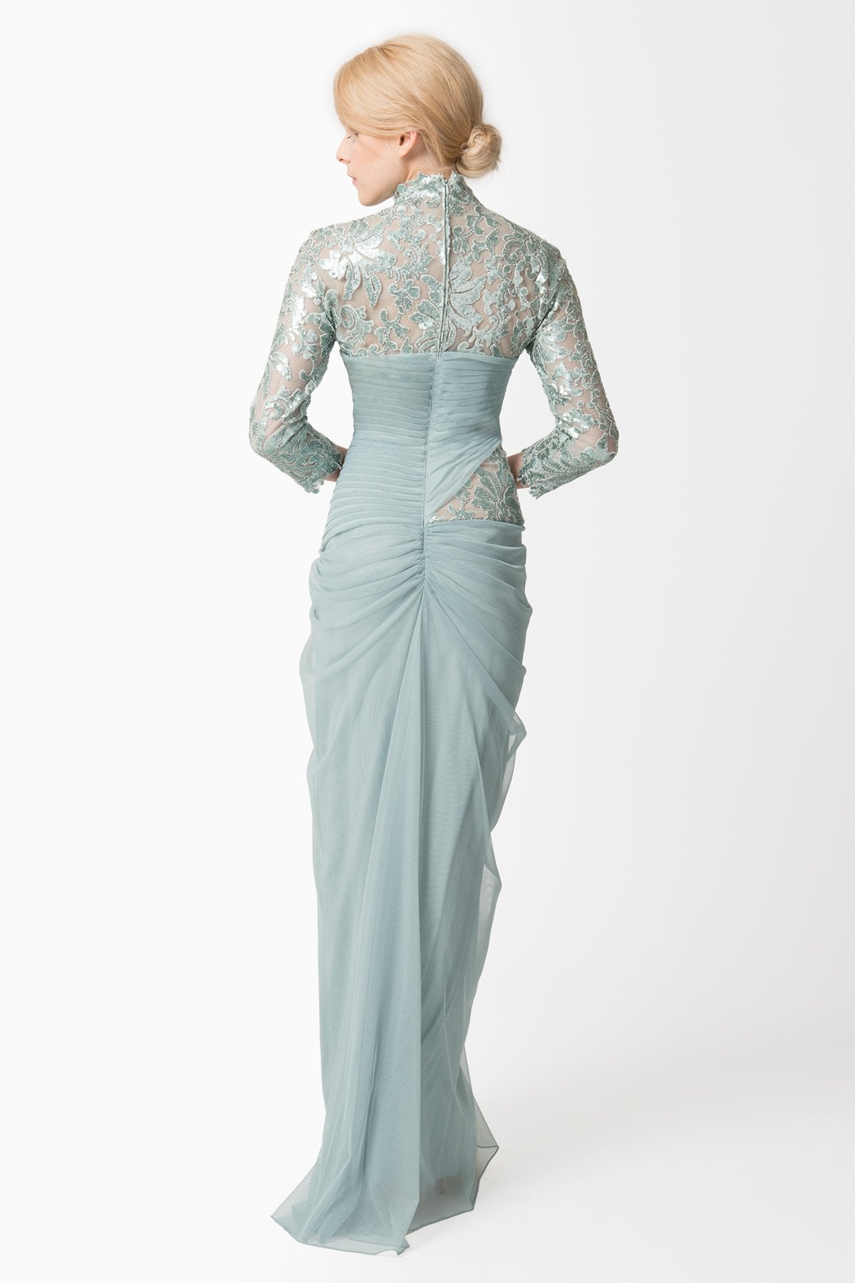 Draped Tulle ¾ Sleeve Gown in Ice
