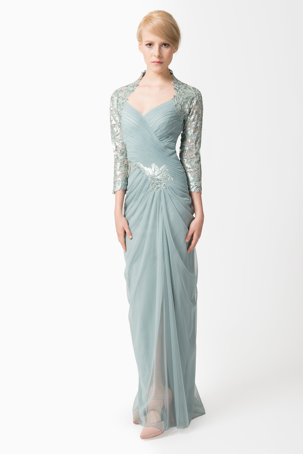 Draped Tulle ¾ Sleeve Gown in Ice
