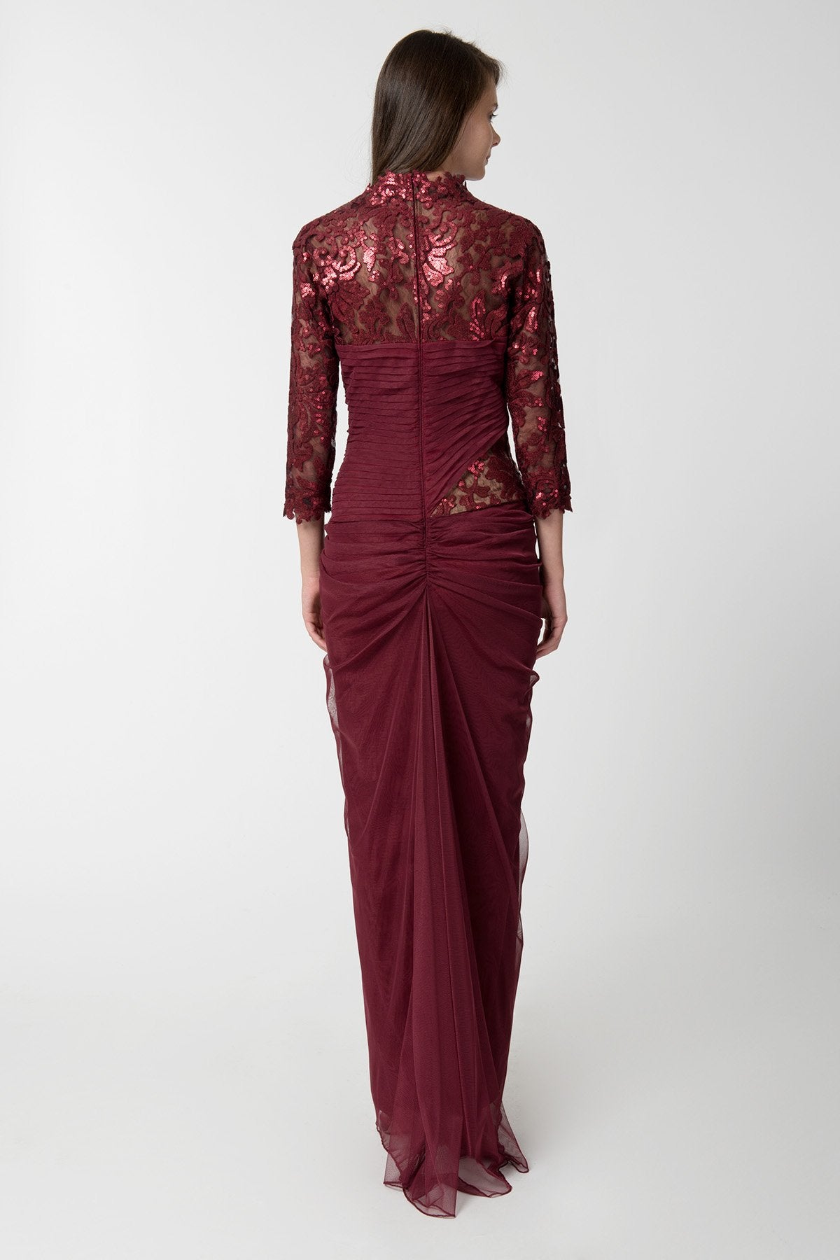 Draped Tulle ¾ Sleeve Gown in Merlot