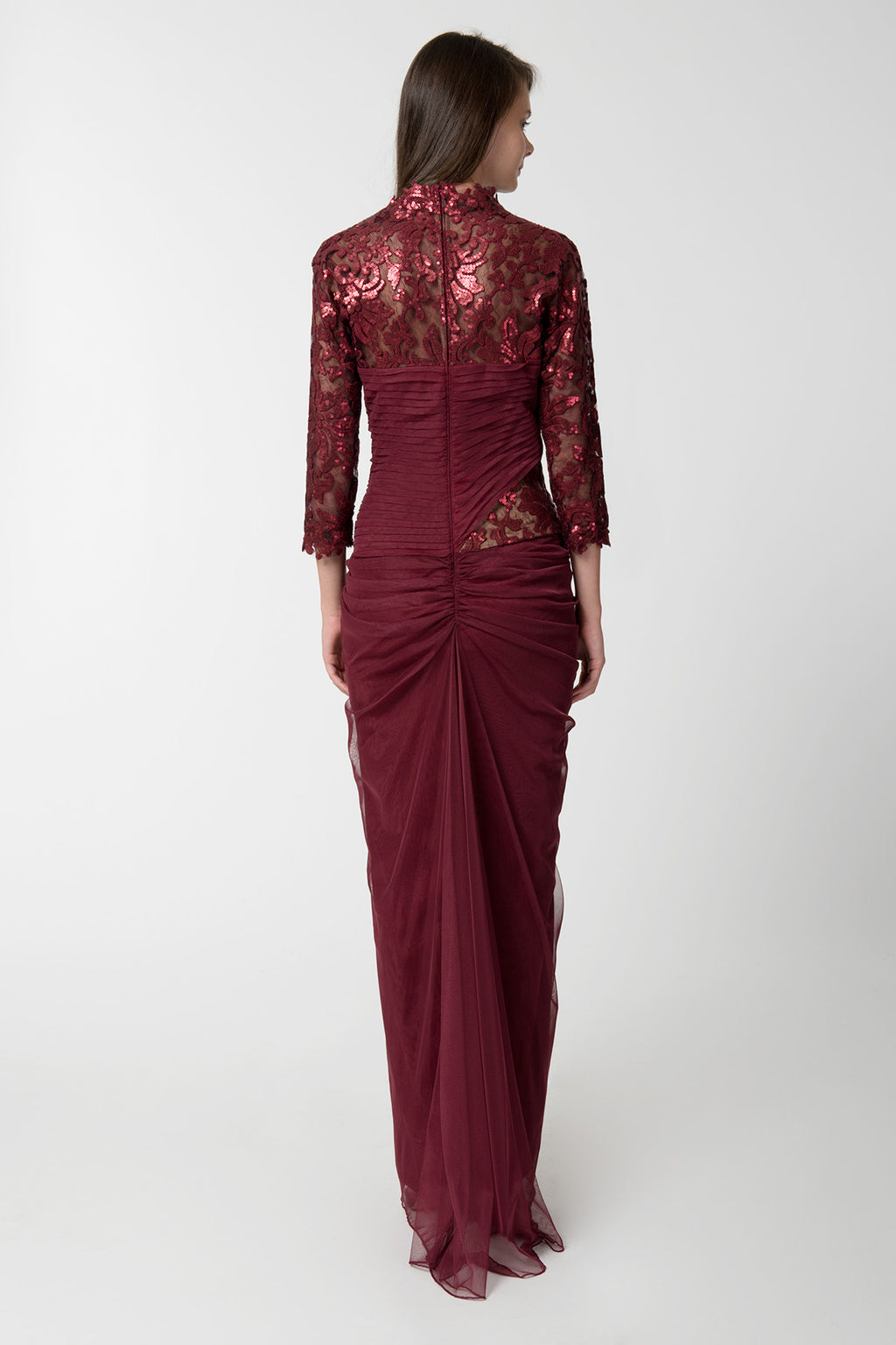 Draped Tulle ¾ Sleeve Gown in Merlot