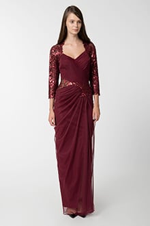 Draped Tulle ¾ Sleeve Gown in Merlot