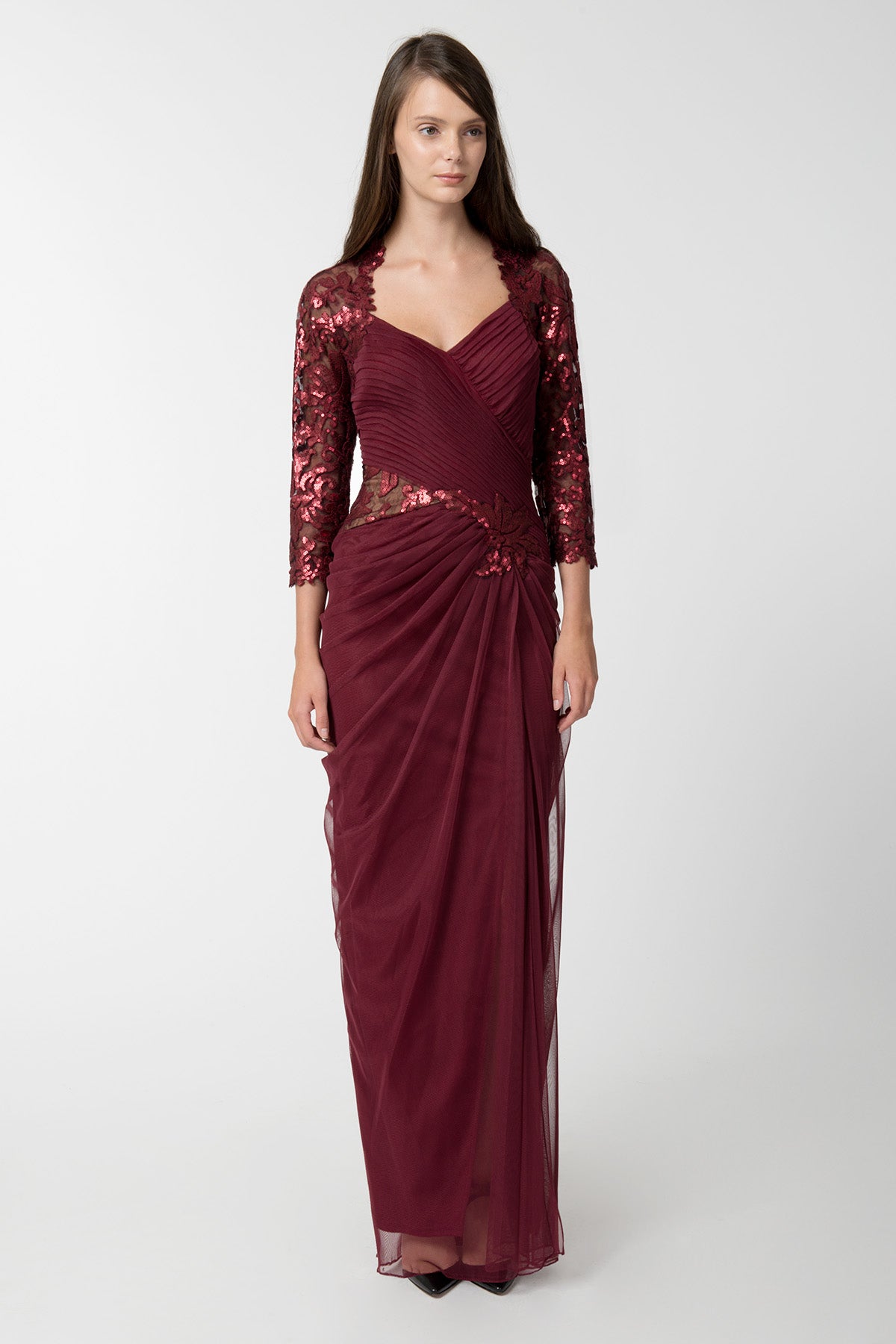 Draped Tulle ¾ Sleeve Gown in Merlot