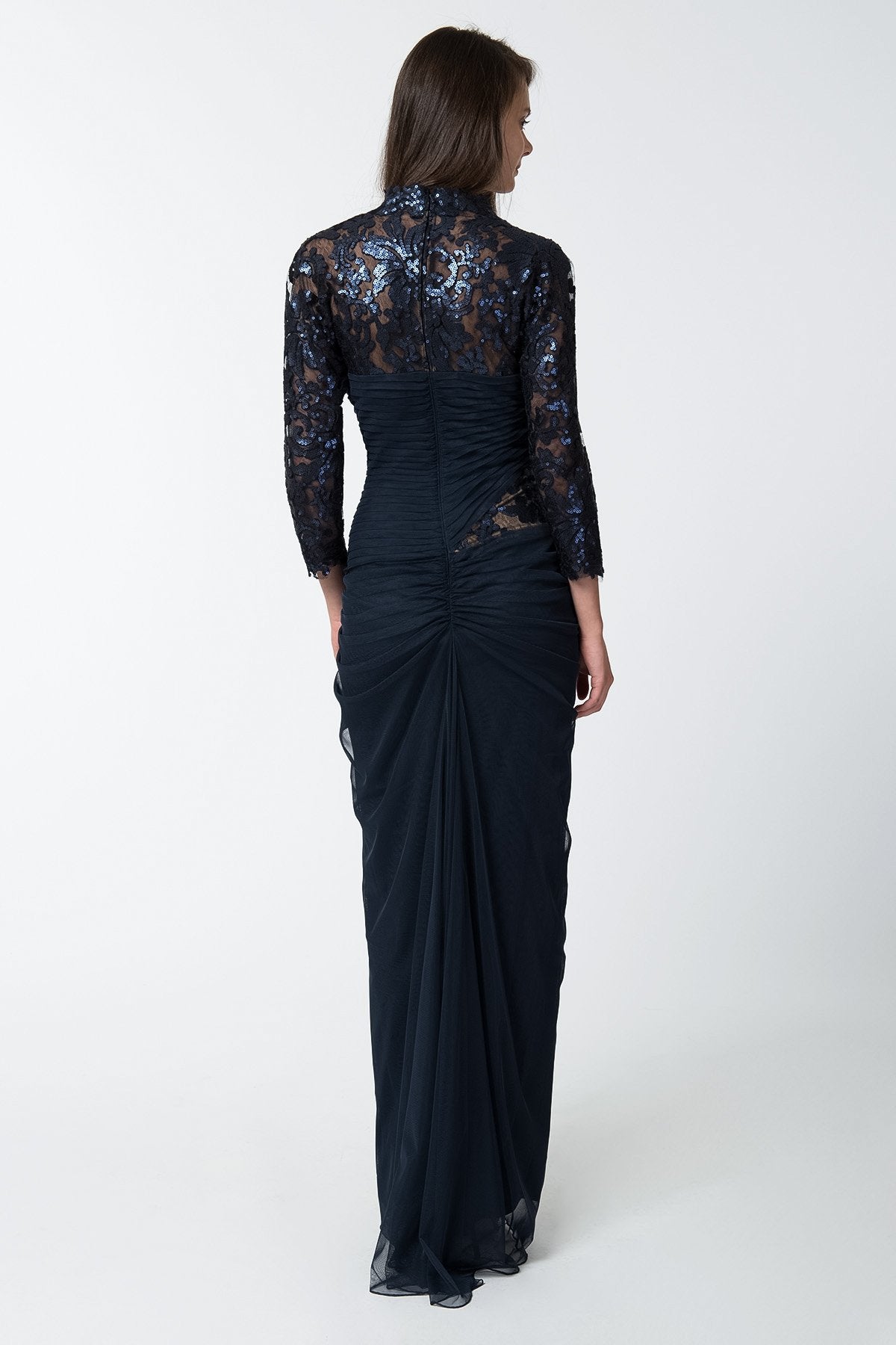Draped Tulle ¾ Sleeve Gown in Navy