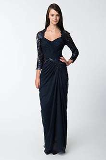 Draped Tulle ¾ Sleeve Gown in Navy