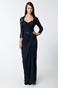 Draped Tulle ¾ Sleeve Gown in Navy