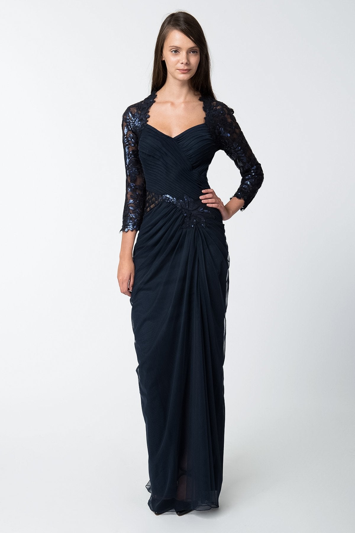 Draped Tulle ¾ Sleeve Gown in Navy