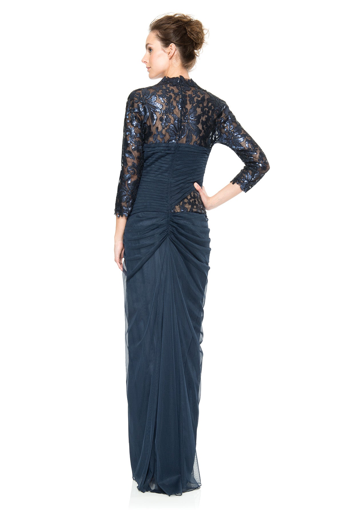 Draped Tulle ¾ Sleeve Gown in Navy