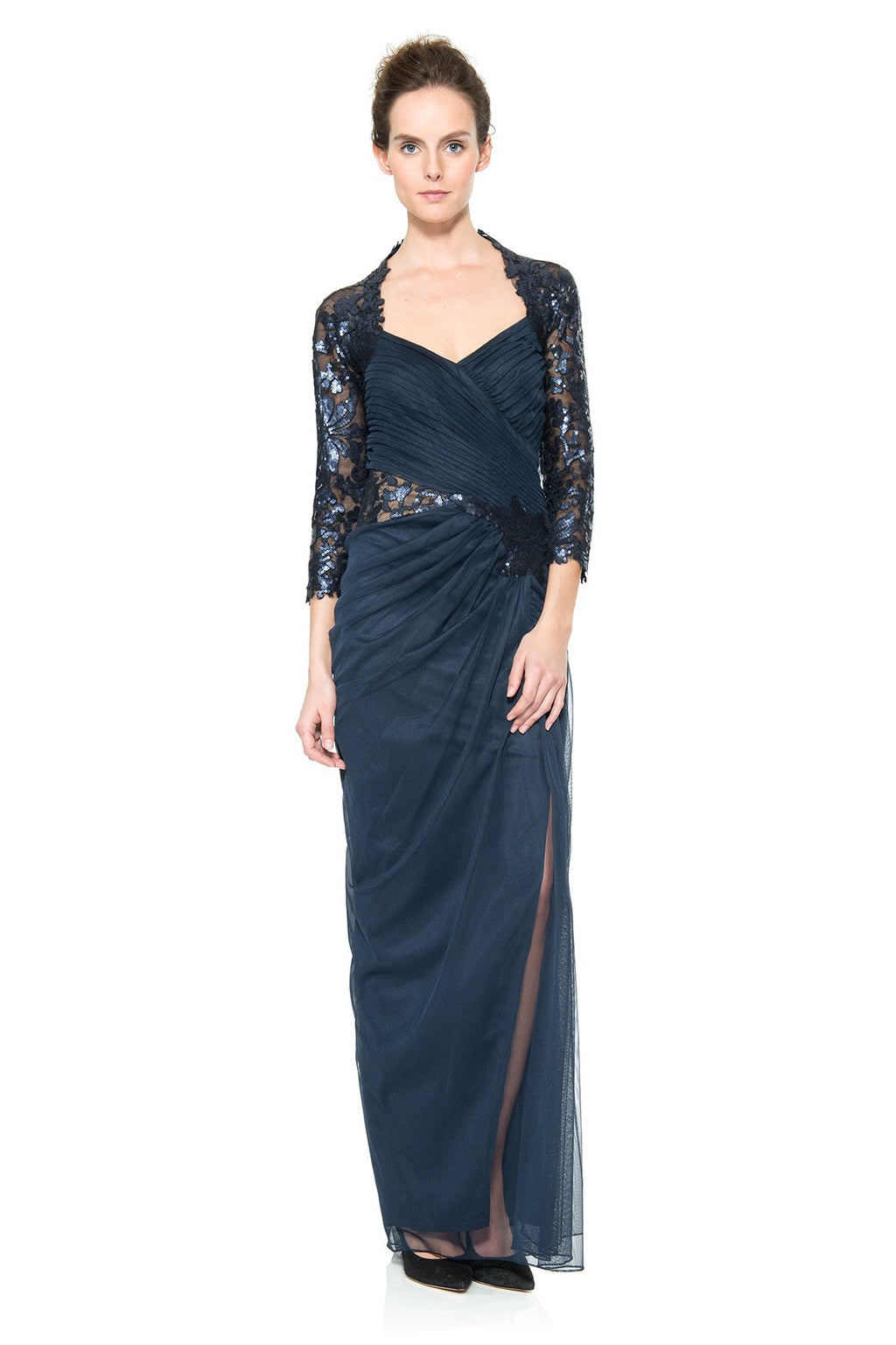 Draped Tulle ¾ Sleeve Gown in Navy