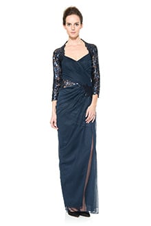 Draped Tulle ¾ Sleeve Gown in Navy