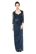 Draped Tulle ¾ Sleeve Gown in Navy