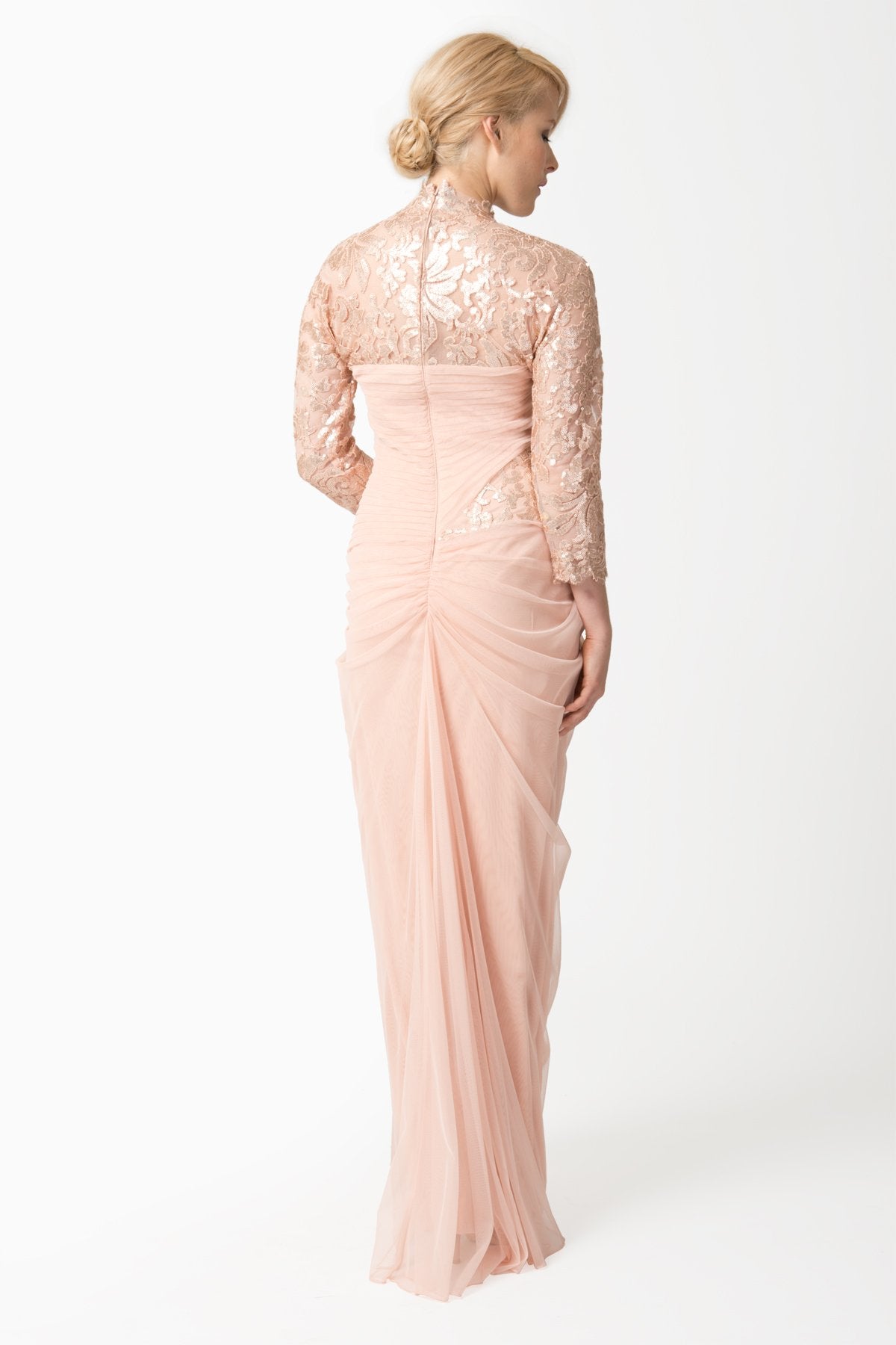 Draped Tulle ¾ Sleeve Gown in Primrose