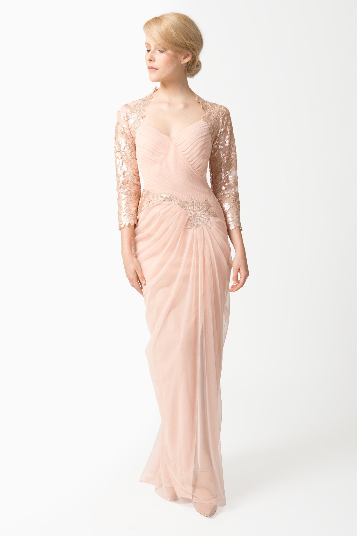 Draped Tulle ¾ Sleeve Gown in Primrose