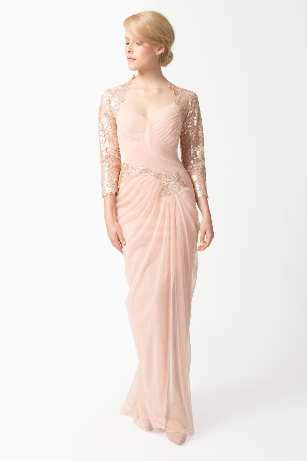 Draped Tulle ¾ Sleeve Gown in Primrose