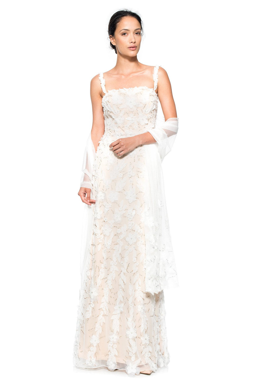 Floral Embellished Tulle Gown with Stole