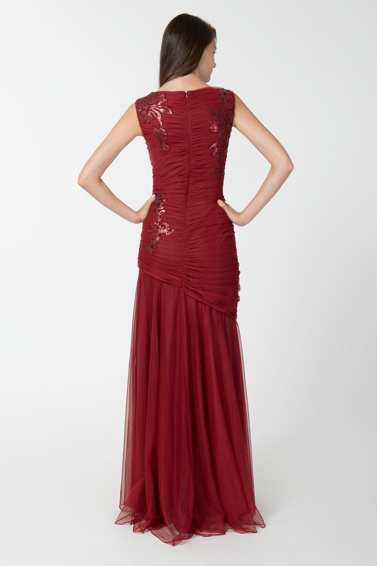 Ruched Tulle Gown with Paillette Embroidered Lace Applique in Merlot