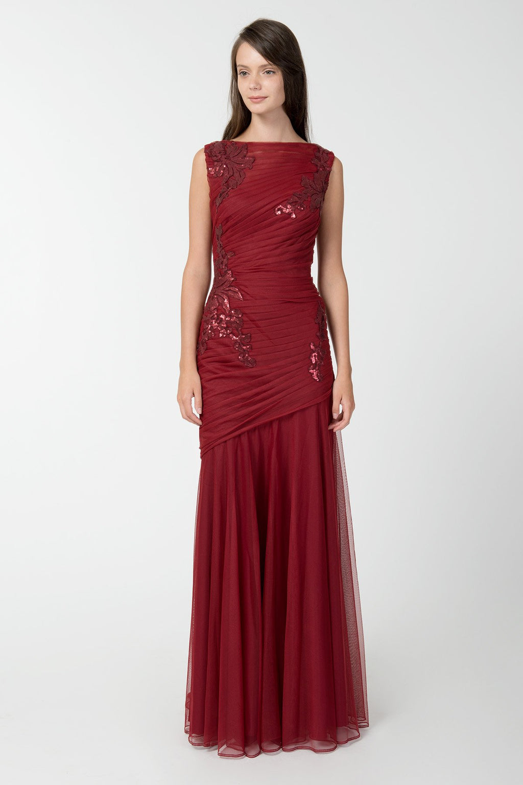 Ruched Tulle Gown with Paillette Embroidered Lace Applique in Merlot