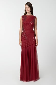 Ruched Tulle Gown with Paillette Embroidered Lace Applique in Merlot