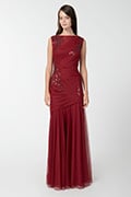 Ruched Tulle Gown with Paillette Embroidered Lace Applique in Merlot
