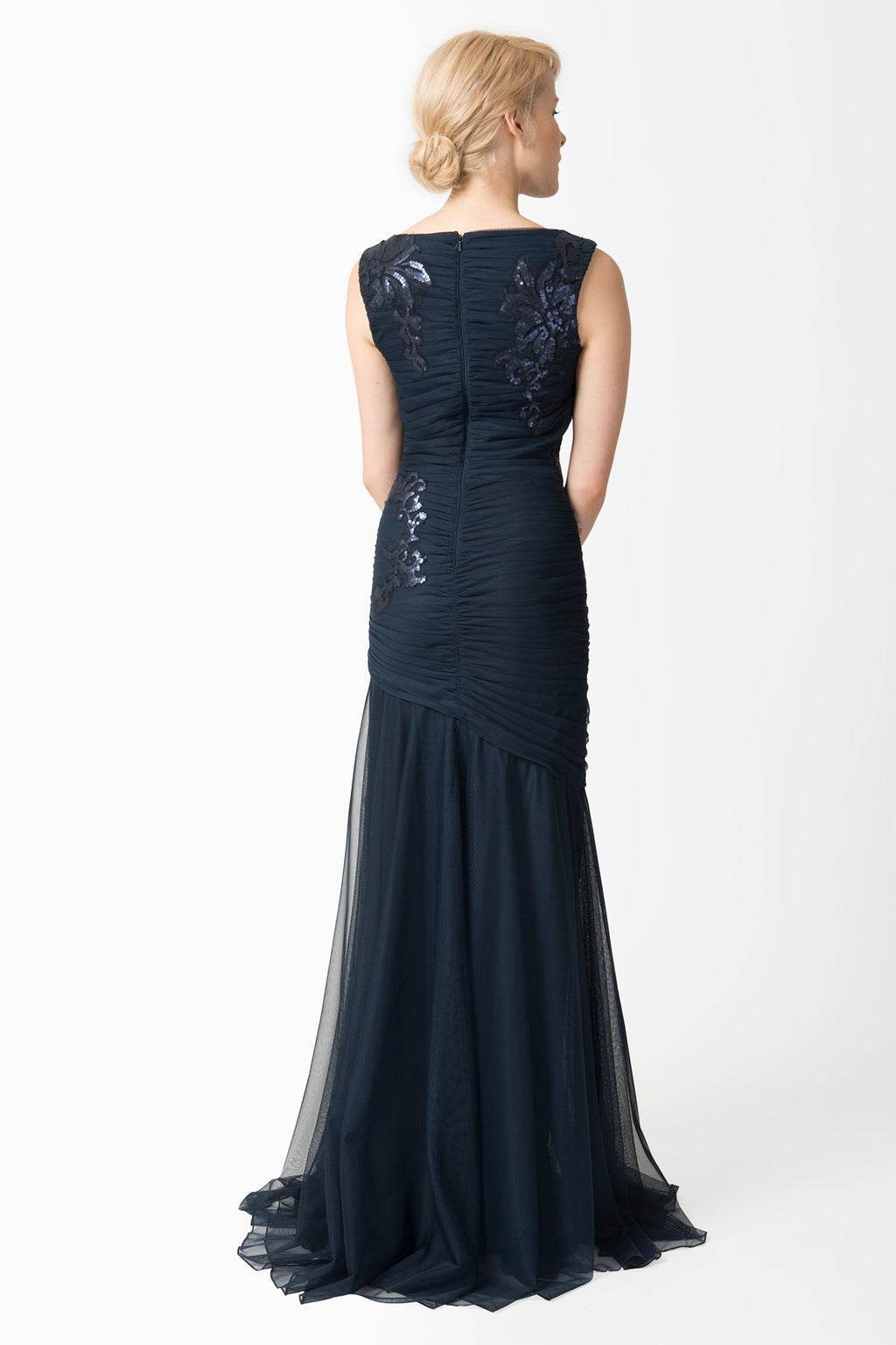 Ruched Tulle Gown with Paillette Embroidered Lace Applique in Navy