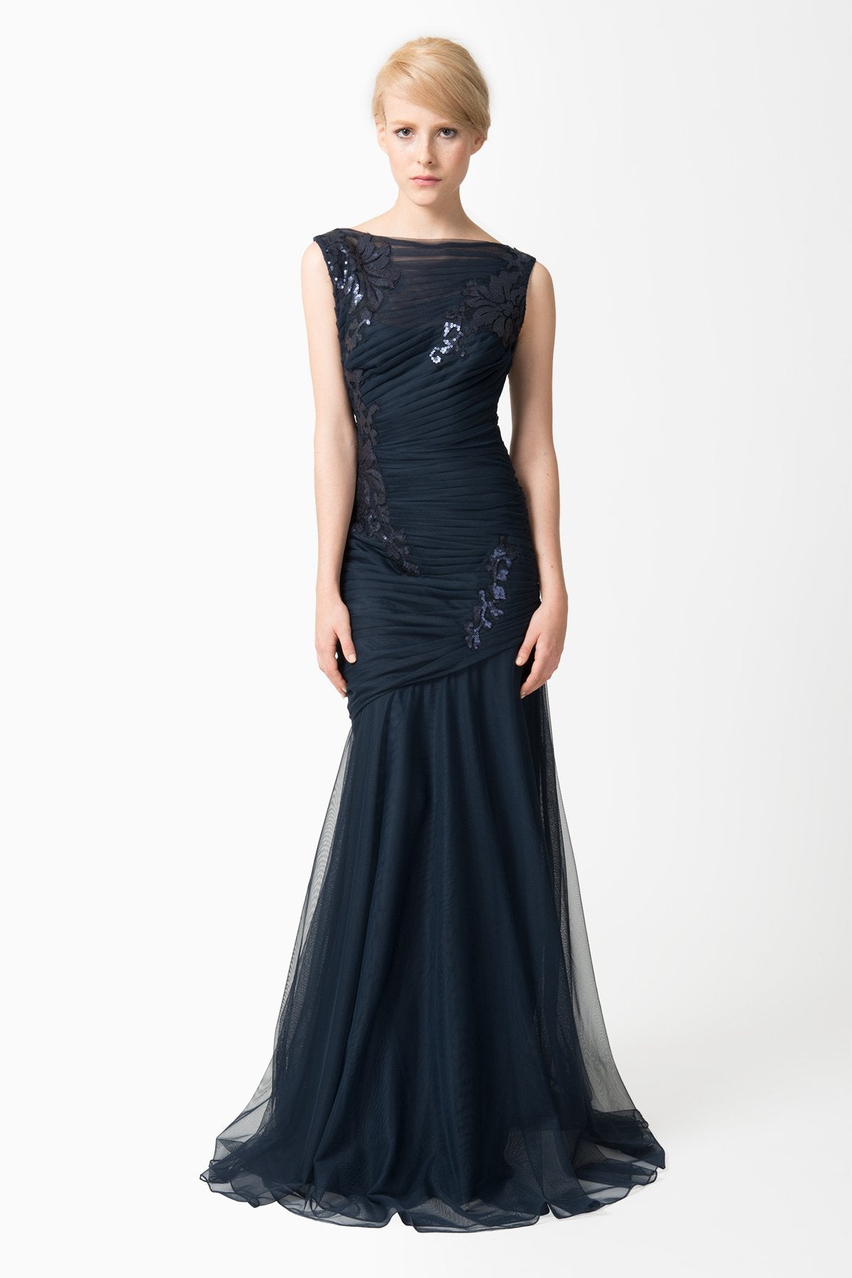 Ruched Tulle Gown with Paillette Embroidered Lace Applique in Navy