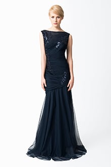 Ruched Tulle Gown with Paillette Embroidered Lace Applique in Navy